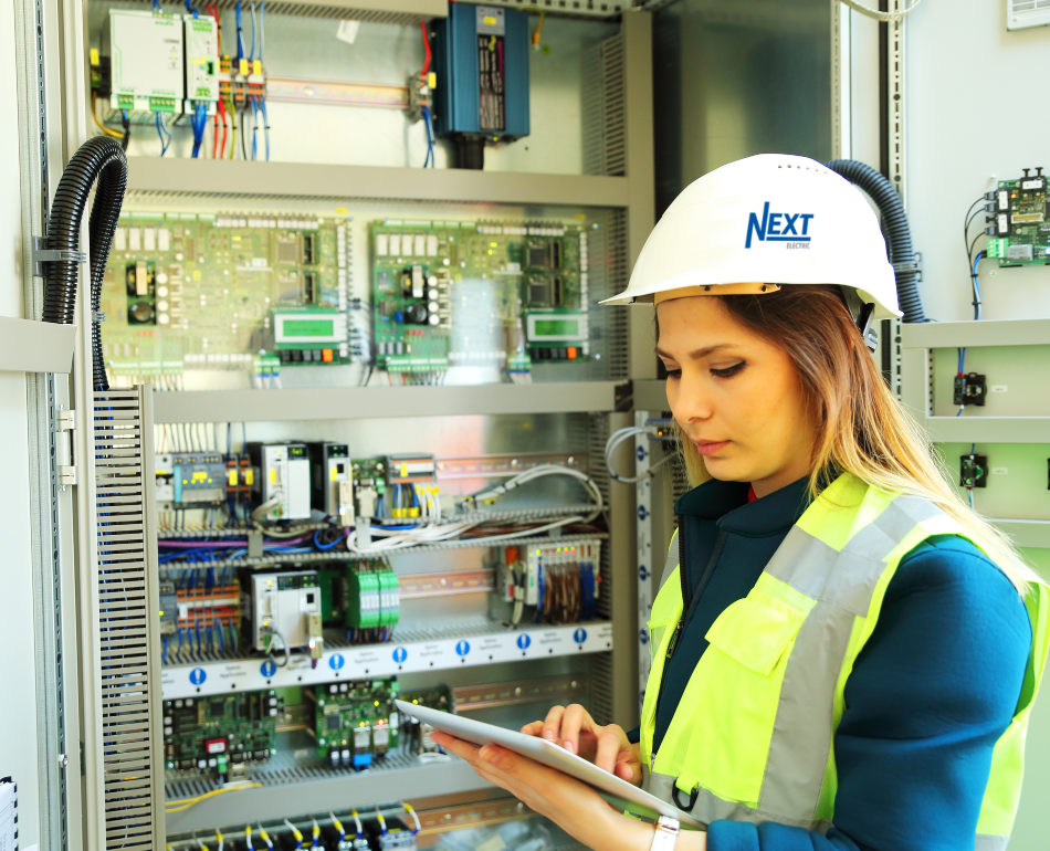 A female electrician at a panel