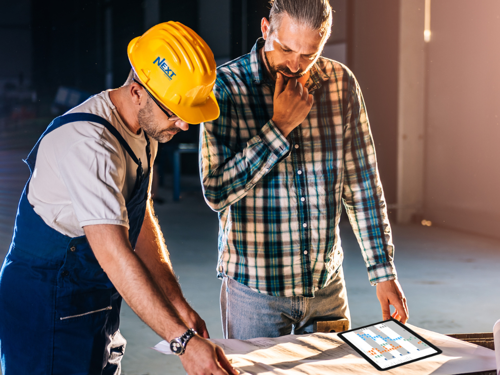 Electricians examining a blueprint